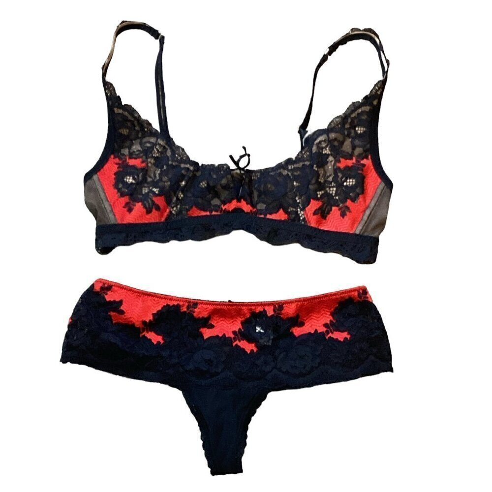Victoria's Secret 2-Piece Demi‎ Lace Bra & Panty Set Sz M Red & Black 286i